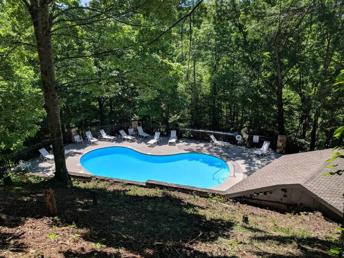A calm and inviting pool scene with the pool surrounded by lush trees and lounge chairs. The mood is tranquil, with hints of both relaxation and the potential for lively pool parties or quiet coffee moments by the water.